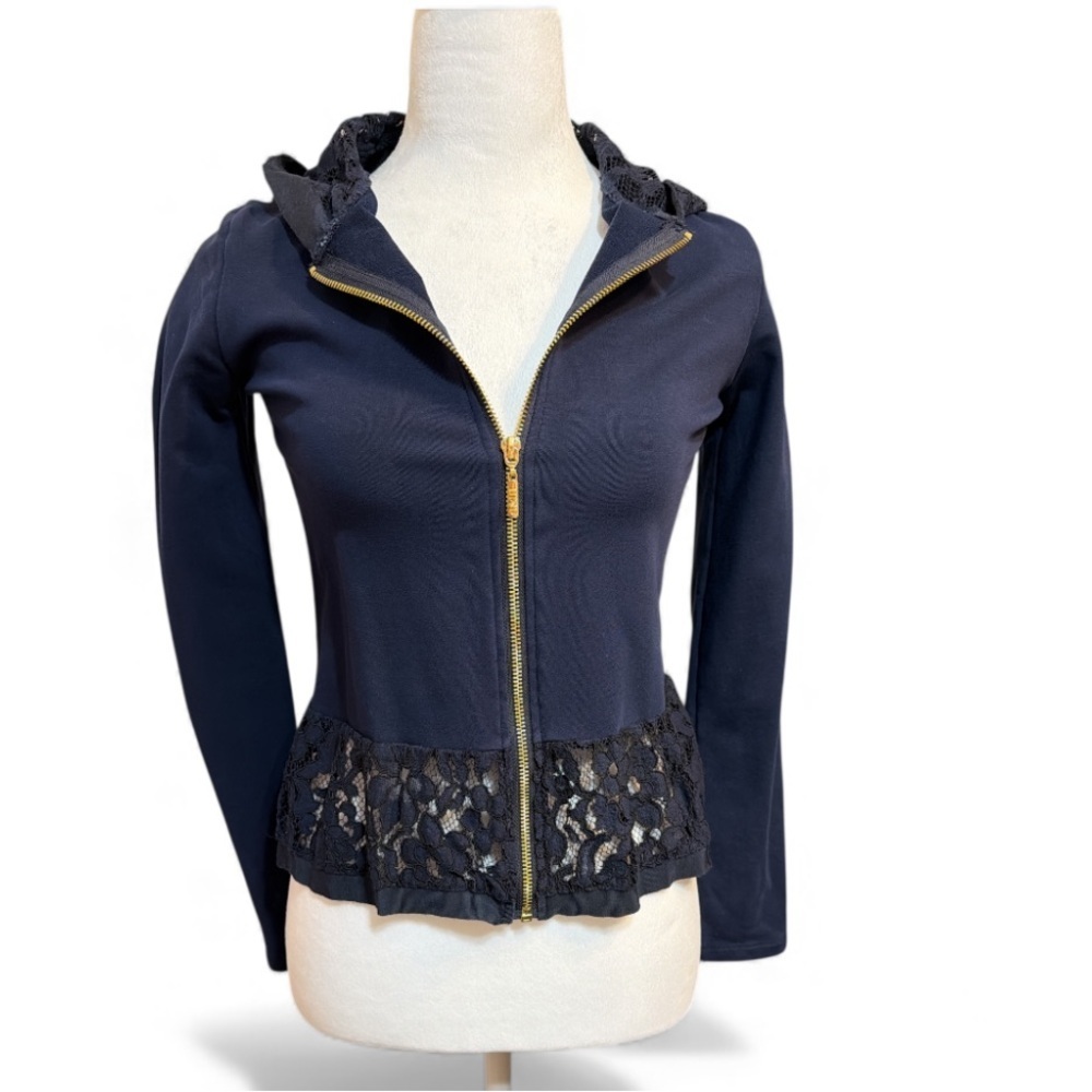 LIUJO Milano Navy Hoodie with Lace Ruffle Trim Lace Hood Golden Zipper Italian